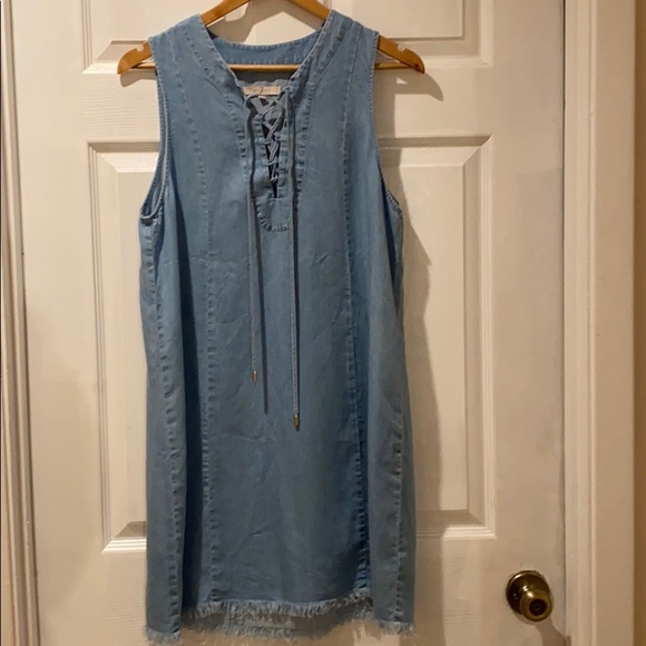 7 For All Mankind Lace Up Chambray denim mini tunic shirt dress light wash M - Picture 3 of 14